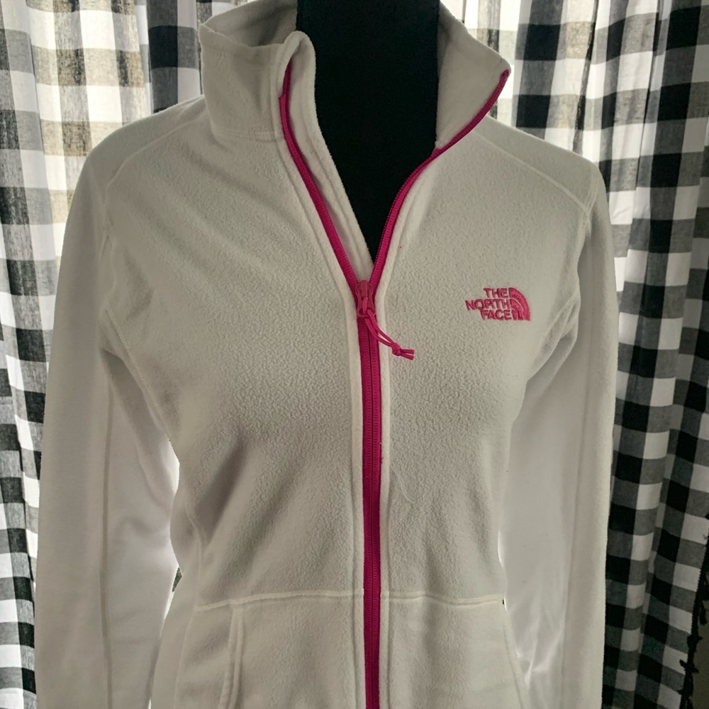White and pink North Face jacket
